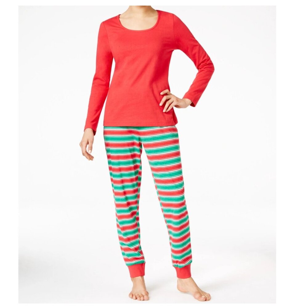 Family PJ's Women's 2-Piece Stripe Knit Pajama Set, Red/Green Candy Cane Stripe